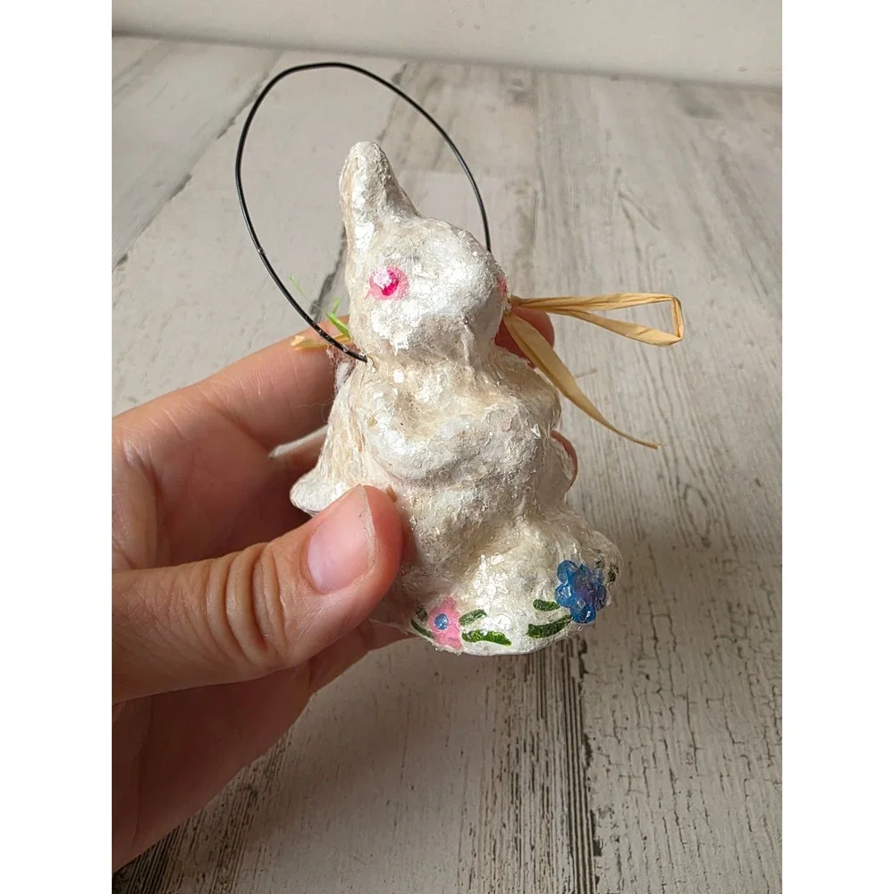 Vintage paper mache bunny rabbit Easter basket mini paper decor spring